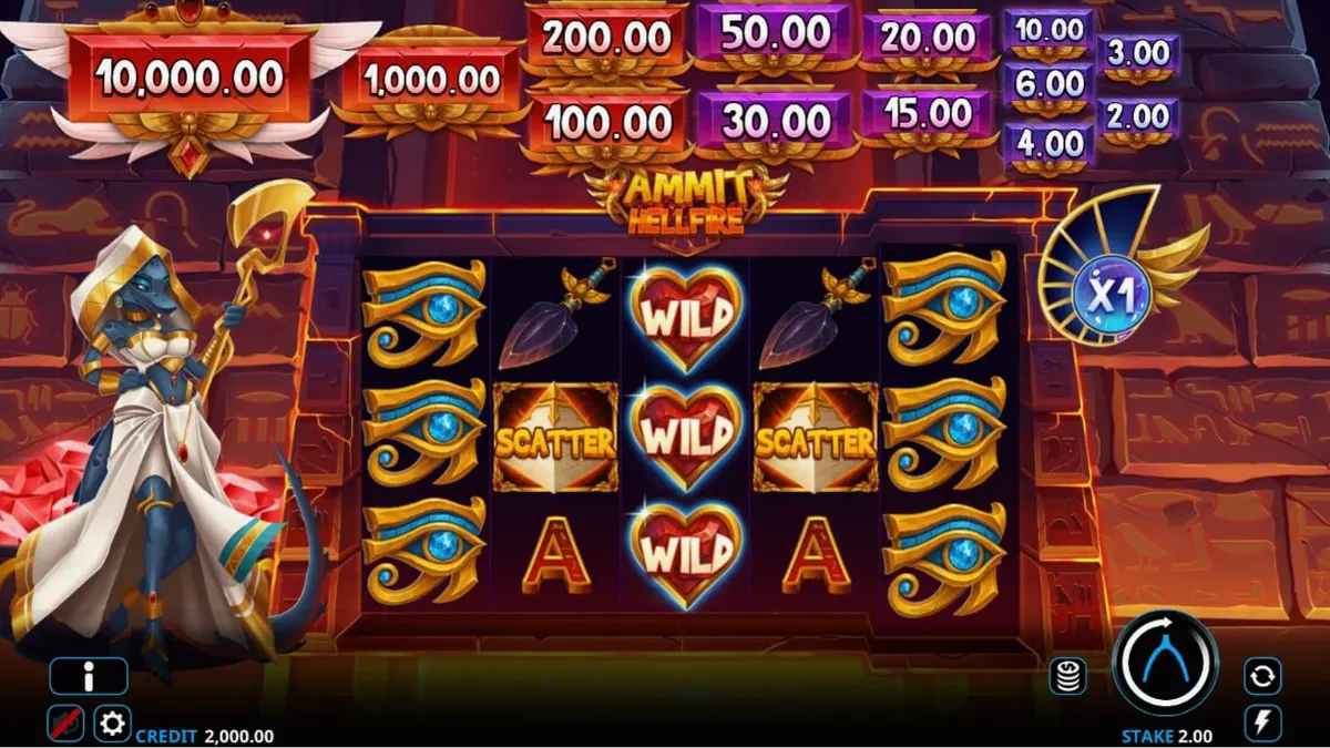 Visual na presentasyon ng Ammit Hellfire slot na may temang Egyptian at cartoonish na disenyo.