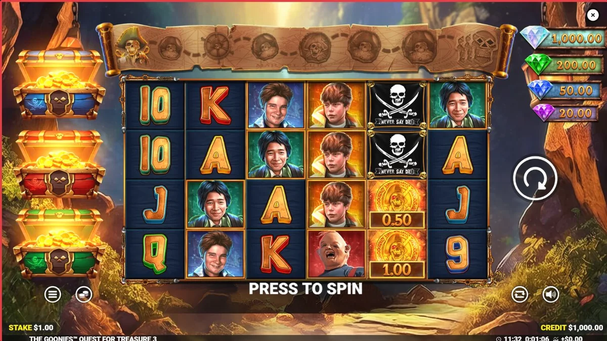 The Goonies Quest for Treasure 3 slot game interface featuring iconic movie characters and treasure map aesthetics