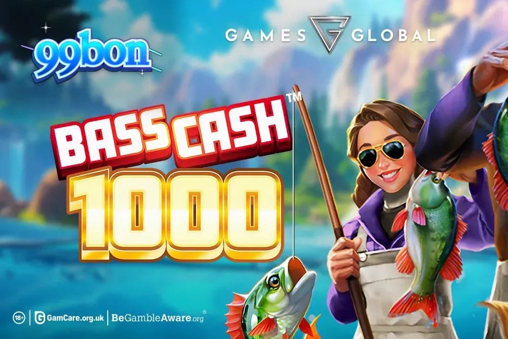 Isang masiglang visual ng Bass Cash 1000 slot na nagpapakita ng mga simbolo ng isda at fishing gear.